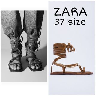 ザラ(ZARA)のZARA　チェーンリボンレザーフラットサンダル　37サイズ　ブラウン(サンダル)