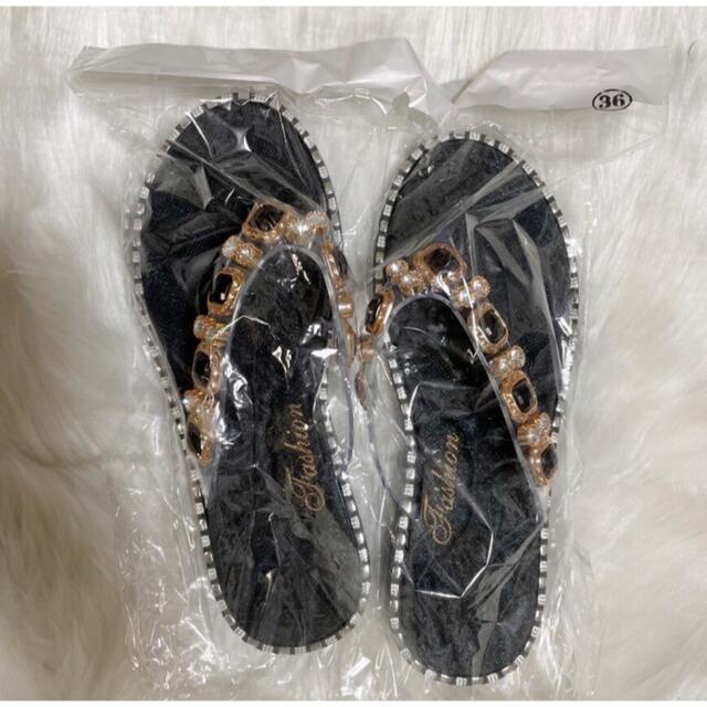 ビジュー　サンダル　ビーチサンダル　リゾート　海ブラック レディースの靴/シューズ(サンダル)の商品写真