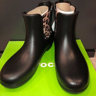 クロックス(crocs)のクロックス　レインブーツ　黒×レオパードレオパード柄　27ｃｍ(長靴/レインシューズ)