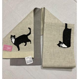 半幅帯　麻　ねこの刺繍　新品未使用(浴衣帯)