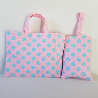 入園入学　２点セット　大きな水玉　ピンク×ブルー　女の子　絵本袋　うわばき袋(バッグ/レッスンバッグ)