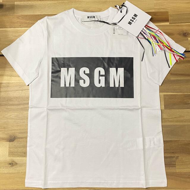 MSGM(エムエスジイエム)の新品　MSGM レディース　S ボックスロゴTシャツ　ホワイト　半袖　プレゼント レディースのトップス(Tシャツ(半袖/袖なし))の商品写真