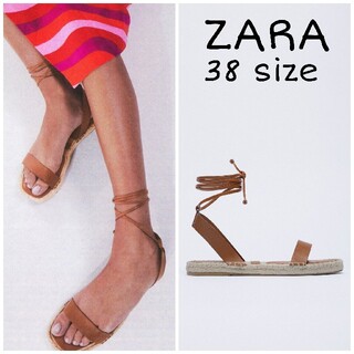 ザラ(ZARA)のZARA　レザーアッパー＆ジュートフラットサンダル　38サイズ(サンダル)