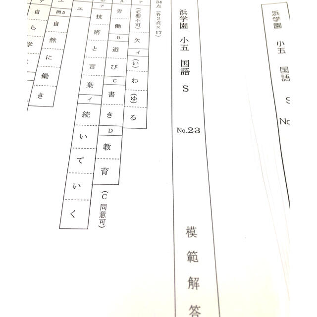 浜学園 小5 2021年度 国語 Sクラス 復習テスト 解答、解答用紙 浜学園 小5 2021年度 国語 Sクラス 復習テスト 解答、解答用紙