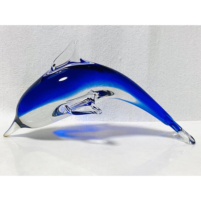 【 美品 】ガラス細工Clear and Cobalt Blue Dolphin