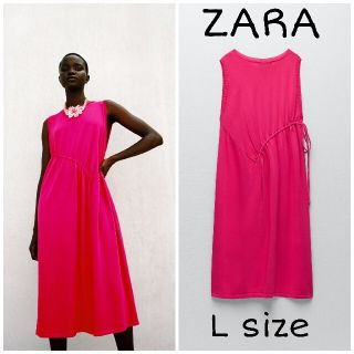 ザラ(ZARA)の【１点のみ】ZARA　ギャザーニットワンピース　Lサイズ　フクシア(ひざ丈ワンピース)