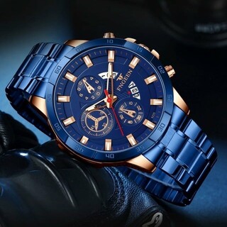 新品 FNGEEN ラグジュアリー デイト ステンレス 腕時計 防水 ブルー(腕時計(アナログ))