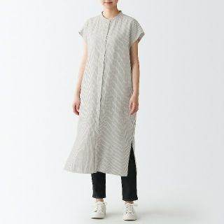 ムジルシリョウヒン(MUJI (無印良品))の無印良品 フレンチリネン洗いざらしフレンチスリーブワンピース／べージュストライプ(ひざ丈ワンピース)