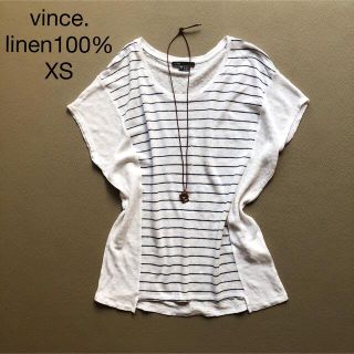 ビンス(Vince)の035ヴィンス リネン100％ボーダー切り替え半袖ニット白×紺XS(ニット/セーター)