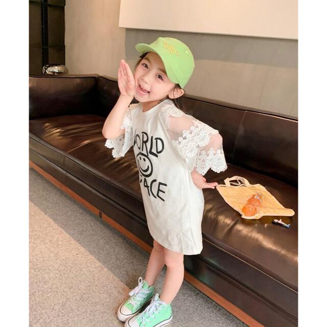 夏服　キッズ ジュニアレースロングTシャツ チュニック ホワイト キッズ/ベビー/マタニティのキッズ服女の子用(90cm~)(ワンピース)の商品写真