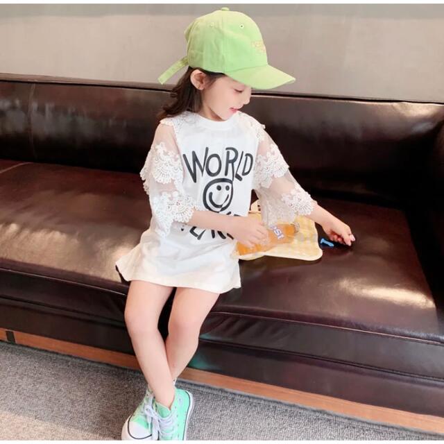 夏服　キッズ ジュニアレースロングTシャツ チュニック ホワイト キッズ/ベビー/マタニティのキッズ服女の子用(90cm~)(ワンピース)の商品写真