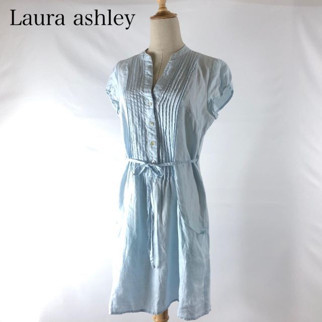 LAURA ASHLEY(ローラアシュレイ)のLaura ashley スキッパー リネンワンピース 紐ベルト付き レディースのワンピース(ひざ丈ワンピース)の商品写真