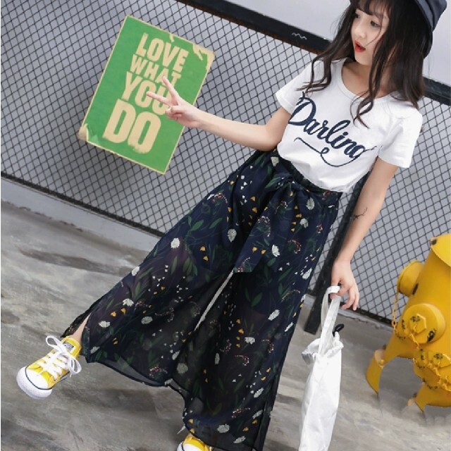 セットアップ ロゴTシャツ ガウチョパンツ ネイビー 女の子上下セット ...