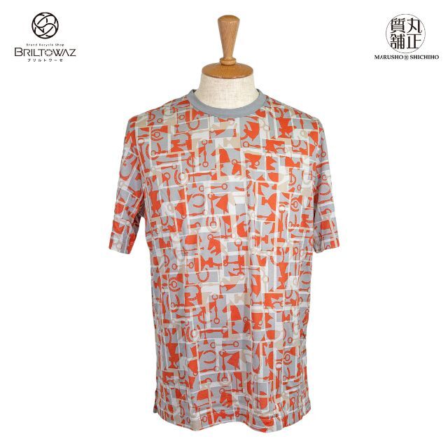エルメス Tシャツ コットン100% ホース 馬 グレー/オレンジ Lサイズ
