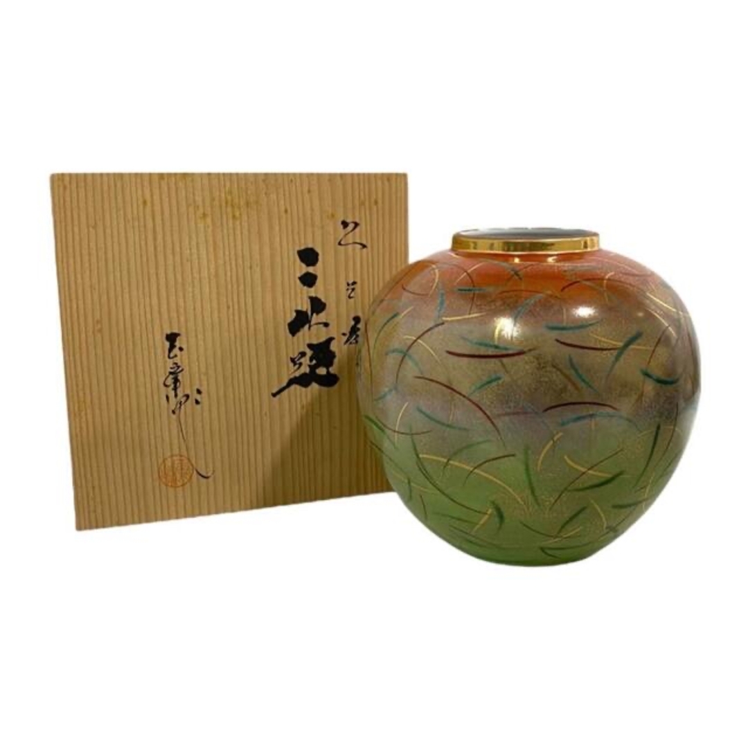 九谷青窯 - 【未使用】九谷焼 秀峰作 金彩 色彩 花瓶 壺 木箱 九谷青窯 - 【未使用】九谷焼 秀峰作 金彩 色彩 花瓶 壺 木箱