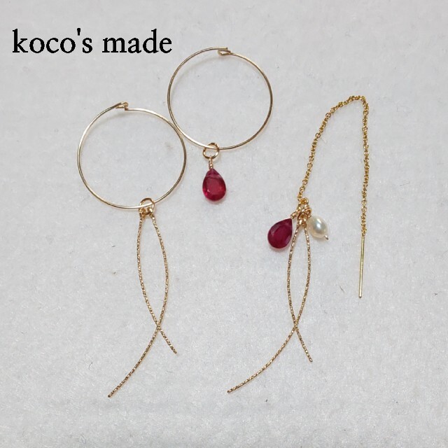 ルビー×14kgfカーブグリッターピアスチャームセットの通販 by koco's
