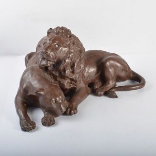 彫刻家　石崎秀峰作　ブロンズ像　夫婦獅子　置物　重さ約17.8㎏　R4435C(金属工芸)
