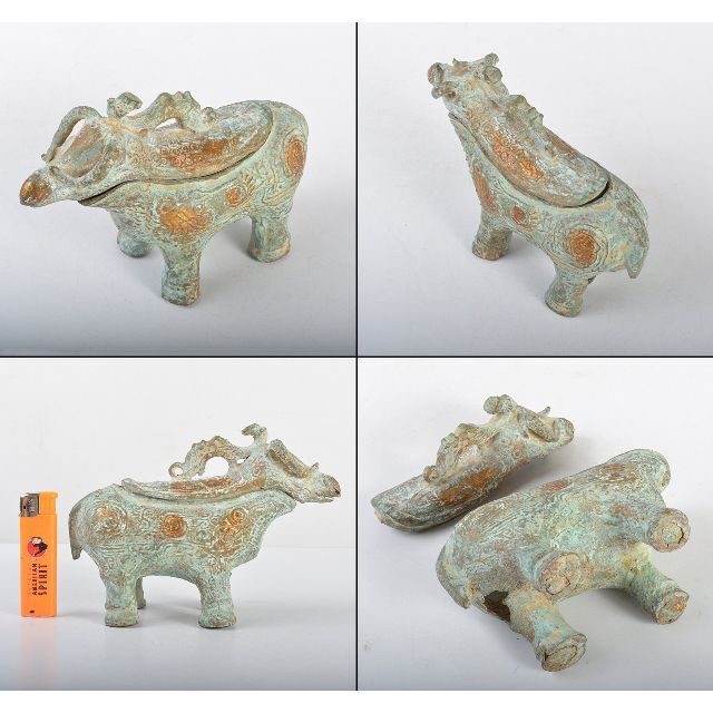 美術品/アンティーク中国 古銅青銅 饕餮文 神獣文形香炉 時代箱 C