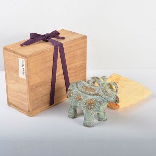中国　 古銅青銅　饕餮文　神獣文形香炉　時代箱  C　R4438(金属工芸)