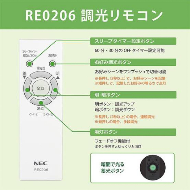 NEC(エヌイーシー)の照明リモコンメーカーNEC RE0206 インテリア/住まい/日用品のライト/照明/LED(天井照明)の商品写真