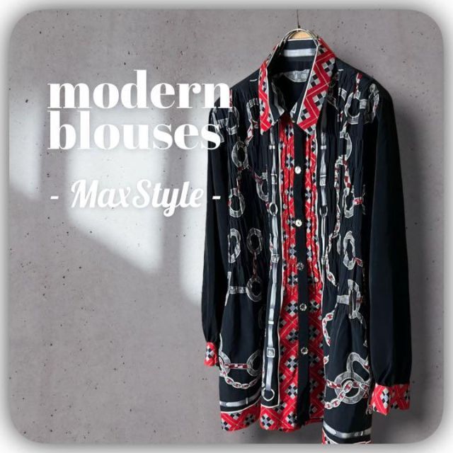 【modern blouses】  ビンテージ 長袖 シャツ ギャザーブラック色総柄素材