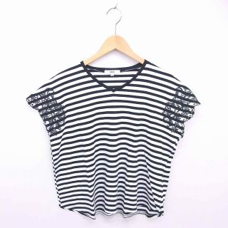 オゾック(OZOC)のオゾック Tシャツ カットソー ボーダー Vネック 刺繍 半袖 38 白 黒(Tシャツ(半袖/袖なし))