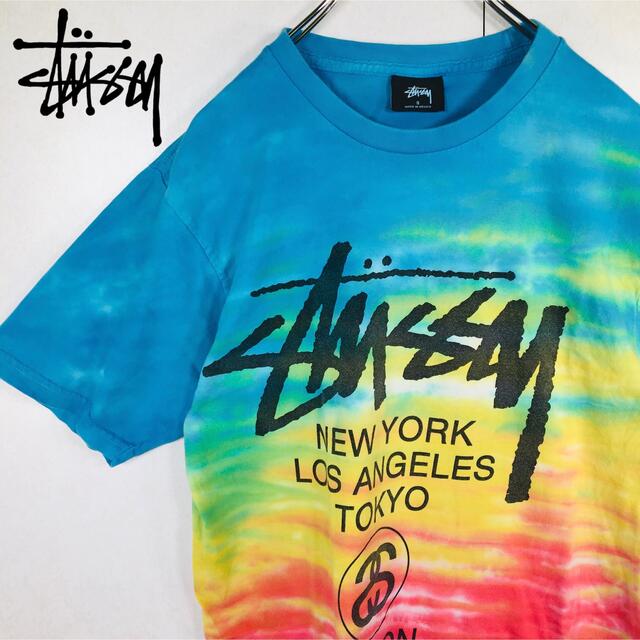 STUSSY(ステューシー)のステューシー タイダイ柄 デカロゴ 青 赤 黄色 半袖 Sサイズ メキシコ製 メンズのトップス(Tシャツ/カットソー(半袖/袖なし))の商品写真