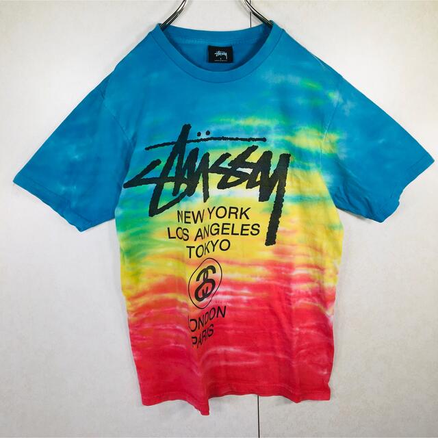 STUSSY(ステューシー)のステューシー タイダイ柄 デカロゴ 青 赤 黄色 半袖 Sサイズ メキシコ製 メンズのトップス(Tシャツ/カットソー(半袖/袖なし))の商品写真