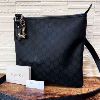 グッチ(Gucci)のグッチ ナイロン×レザー ショルダー バッグ メッセンジャー GG柄 ブラック(ショルダーバッグ)