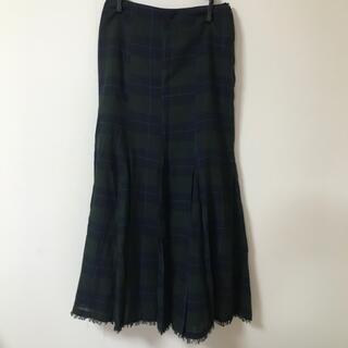 裾フリンジ　チェック柄　マキシスカート(ロングスカート)
