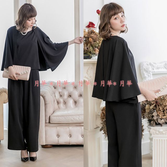 M 黒 パンツドレス パンツスーツ 新品 ガウチョパンツ ケープ袖 81336