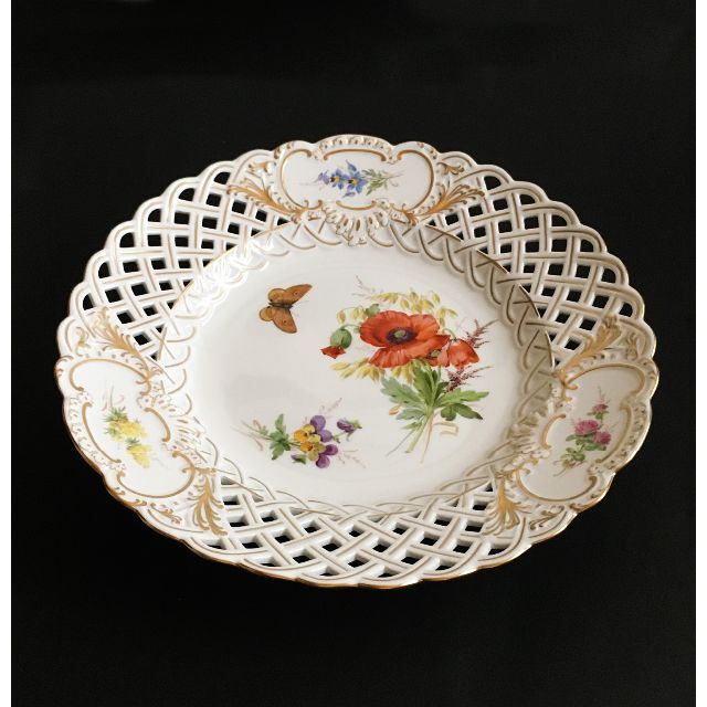 マイセン 金彩 花のブーケと蝶の絵付け 自然主義 透かし絵皿 飾り皿 プレート
