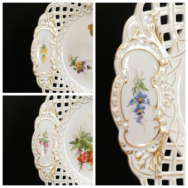 MEISSEN - マイセン 金彩 花のブーケと蝶の絵付け 自然主義 透かし絵皿