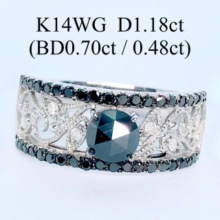 計1.18ct ブラックダイヤモンドリング K14WG ローズカット 幅広(リング(指輪))