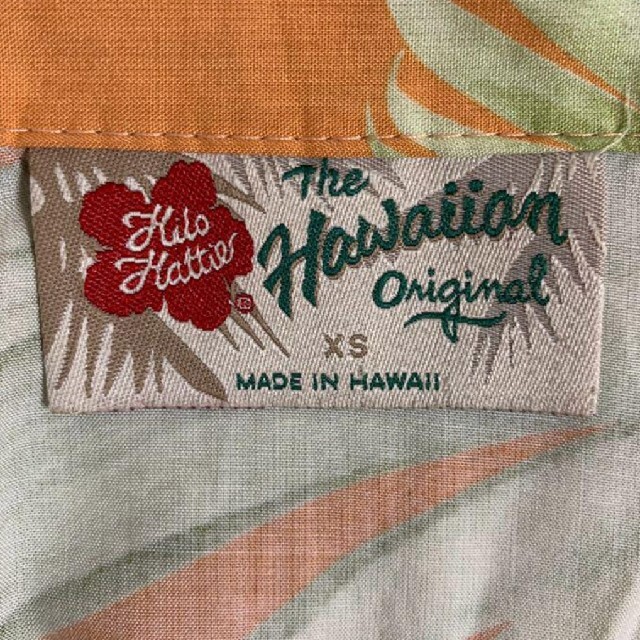ヒロハッティ アロハシャツ 開襟 ハワイ製 USA ヤシの木 レーヨン オレンジ レディースのトップス(シャツ/ブラウス(半袖/袖なし))の商品写真