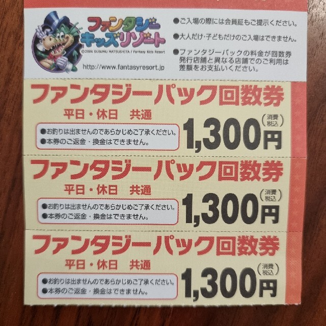 ファンタジーキッズリゾート ファンタジーパック 回数券３枚+クーポン チケットの施設利用券(遊園地/テーマパーク)の商品写真