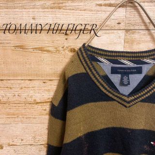 《TOMMY HILFIGER》ニット　ボーダー　Vネック　ワンポイント刺繍(ニット/セーター)