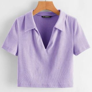 SHEIN V字ネックリブニットT パープル(Tシャツ(半袖/袖なし))