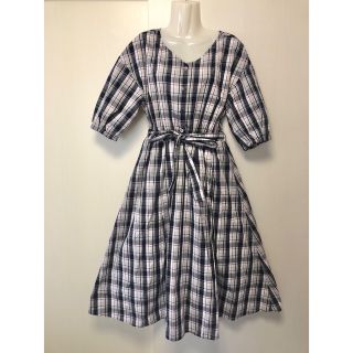 コルザ(COLZA)のコルザ♡チェックワンピース　ロングワンピース　膝丈　ネイビー　春服　秋服(ひざ丈ワンピース)