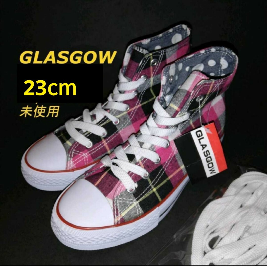 GLASGROW キャンバス ハイカット スニーカー ピンク チェック 展示品 レディースの靴/シューズ(スニーカー)の商品写真