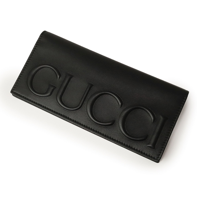 Gucci - グッチ カーフ レザー エンボスロゴ 二つ折り長財布 黒（新品・未使用品）