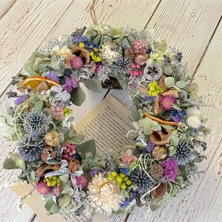 🌿瑠璃玉アザミとフレンチラベンダー🌿ナチュかわ♡あじさいドライフラワーリース 🌿瑠璃玉アザミとフレンチラベンダー🌿ナチュかわ♡あじさいドライフラワーリース