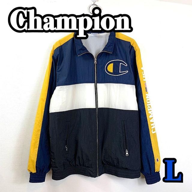 Champion(チャンピオン)のチャンピオン ジップアップ ナイロンジャケット スリーブロゴ デカロゴ 古着 メンズのトップス(パーカー)の商品写真