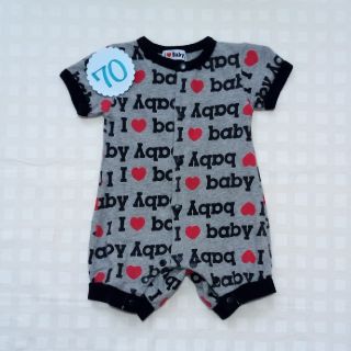 70☆美品☆I ♡ Baby☆ロゴプリント半袖カバーオール☆グレー×黒☆80あり(カバーオール)