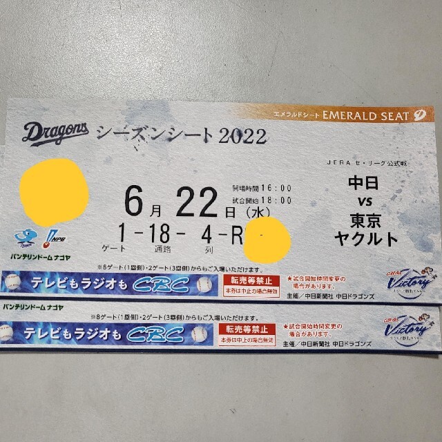 6月22日 中日ドラゴンズ VS 東京ヤクルト 2枚連番 バンテリンドーム