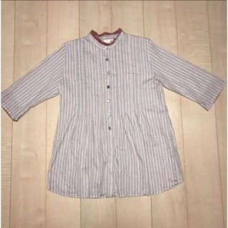 ☆新品同様☆ ストライプ ノーカラー ブラウス シャツ チュニック グレー M(シャツ/ブラウス(長袖/七分))