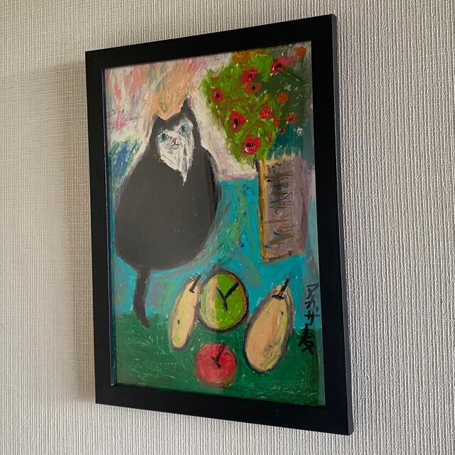 絵画 。壁掛け絵原画【テーブルの上の果樹と果物を食べたい太った猫】 1