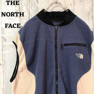 ザノースフェイス(THE NORTH FACE)のUS規格ノースフェイス刺繍ロゴフリースベスト紺色ネイビー白ホワイト古着(ベスト)