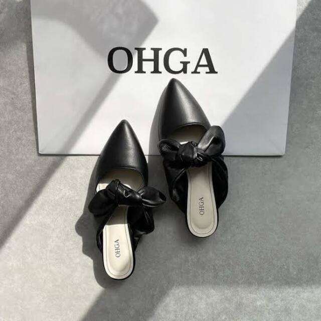 OHGA レザーリボンミュール　黒　ブラック　M