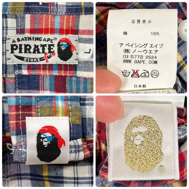 エイプ/APE パッチワークシャツ　チェック　マルチカラー　半袖　PIRATE